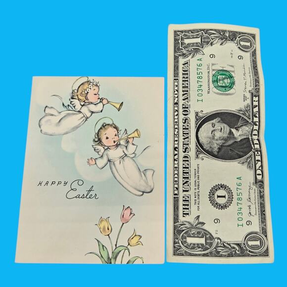 Marjorie Cooper Easter Two Cherub Angels Play Trumpets Vintage Rust Craft Card - Picture 3 of 9